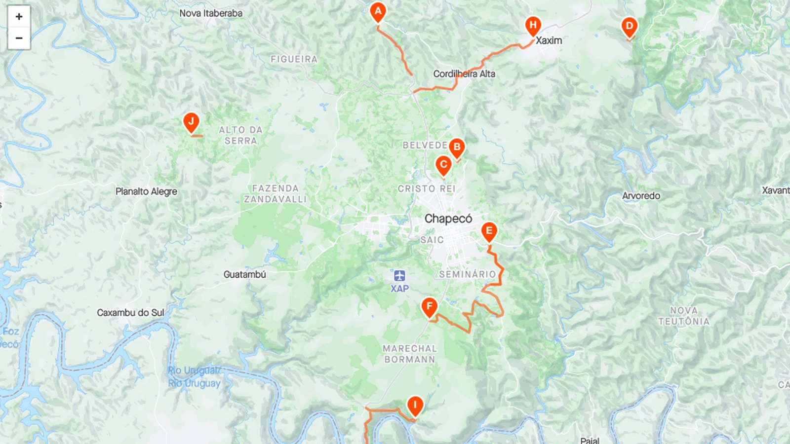 Mapa com as rotas ao redor de Chapecó